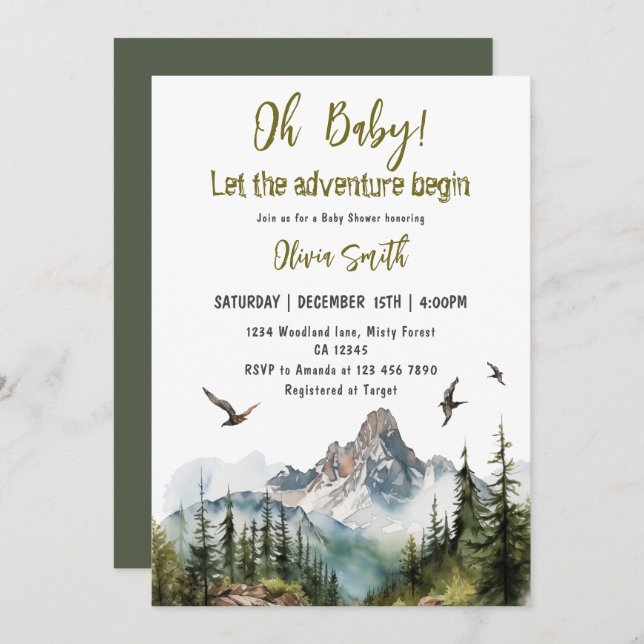 Invitación Que la aventura comience Baby Shower de montaña (Anverso / Reverso)