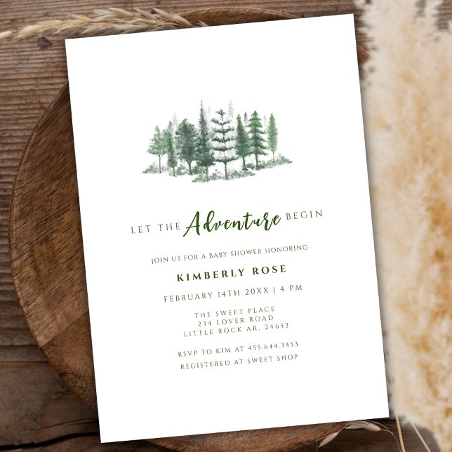 Invitación Que la aventura comience el Baby Shower de los bos (Let The Adventure Begin Rustic Forest Baby Shower Invitation)