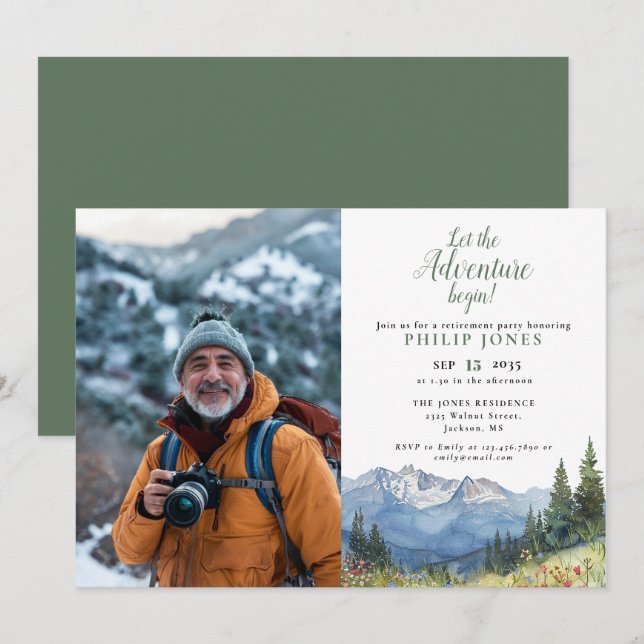Invitación Que la aventura comience la jubilación de la foto  (Anverso / Reverso)