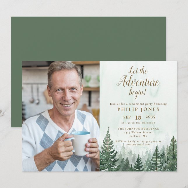 Invitación Que la aventura comience la jubilación de la foto  (Anverso / Reverso)
