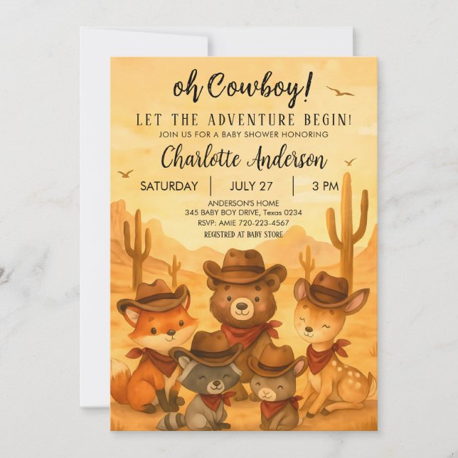 Invitación Que la aventura empiece Cowboy Baby Shower Boy (Anverso)