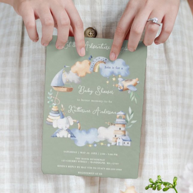 Invitación Que la aventura empiece niño bebé juguete Baby Sho (Subido por el creador)