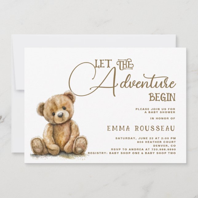 Invitación Que La Aventura Empiece Teddy Bear Baby Shower (Anverso)