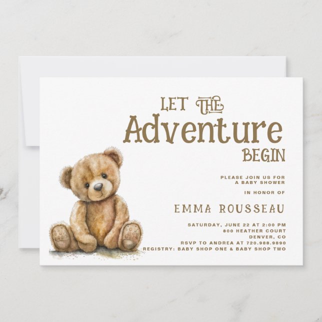 Invitación Que La Aventura Empiece Teddy Bear Baby Shower (Anverso)