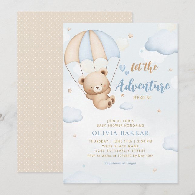 Invitación Que La Aventura Empiece Teddy Bear Baby Shower (Anverso / Reverso)
