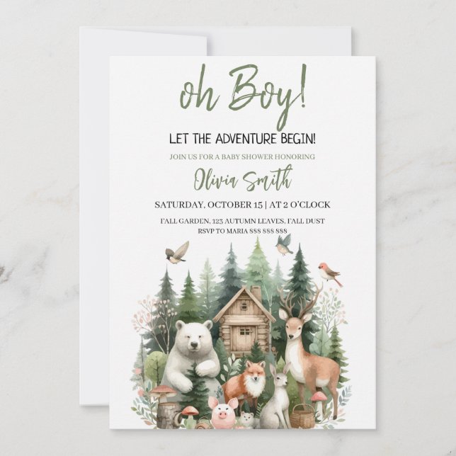 Invitación Que la aventura empiece Woodland Baby Shower (Anverso)