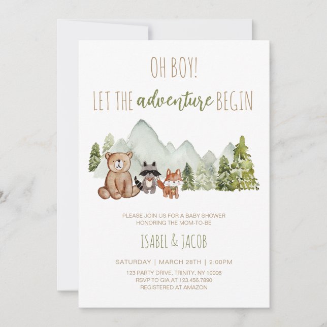 Invitación Que la aventura empiece Woodland Baby Shower (Anverso)