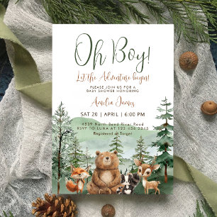 Invitación Que la aventura empiece Woodland Boy Baby Shower