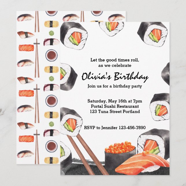 Invitación Que los buenos tiempos lleven al Fiesta sushi cump (Anverso / Reverso)