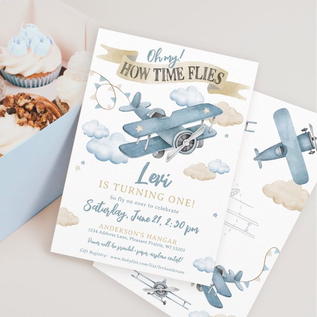 Invitación Qué rápido pasa el tiempo Cumpleaños número 1 del  (Cute watercolor airplane aviation clouds sky theme Time Flies boy 1st birthday party invitation)