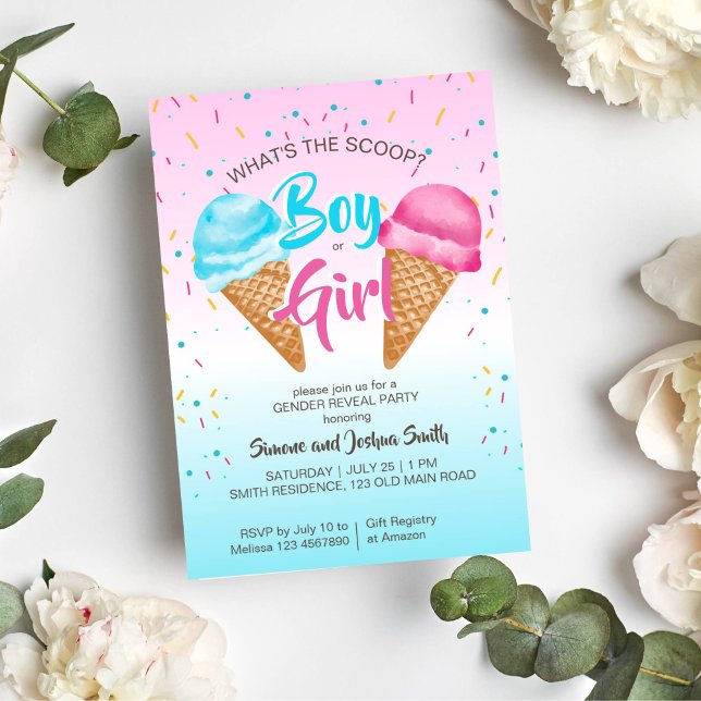 Invitación ¿Qué revela el género de helados de primicia? (What's the scoop ice cream gender reveal party invitation instant download pink and blue ice cream)