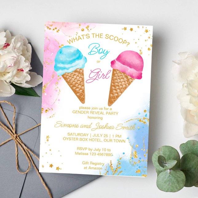 Invitación ¿Qué revela el género de helados de primicia? (What's the scoop gender reveal invite ice cream gender reveal invitation template instant download)