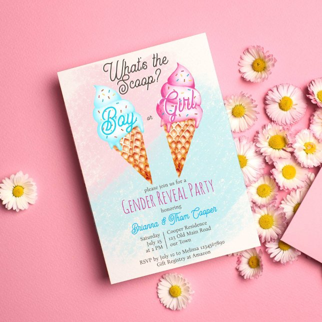 Invitación ¿Qué revela el género de helados de primicia? (What's the scoop gender reveal party invitation ice cream summer gender reveal boy or girl  )