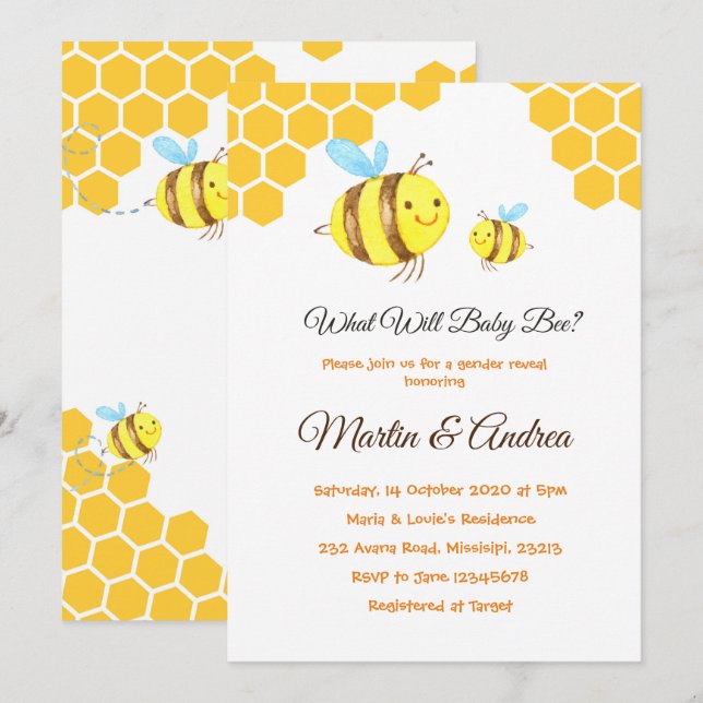 Invitación ¿Qué revelará el Fiesta de la abeja bebé? (Anverso / Reverso)