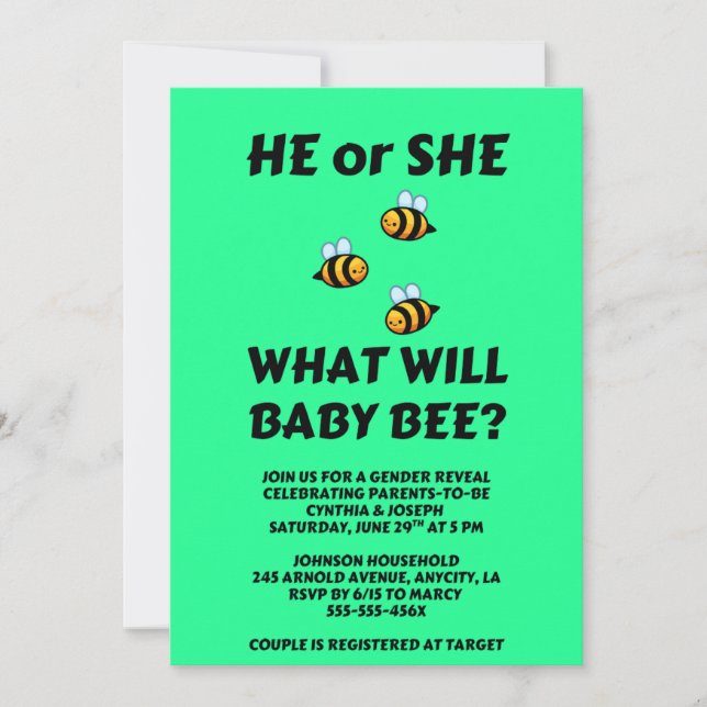 Invitación Qué revelará el género de Baby Bee (Anverso)