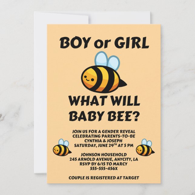 Invitación Qué revelará el género de Baby Bee (Anverso)