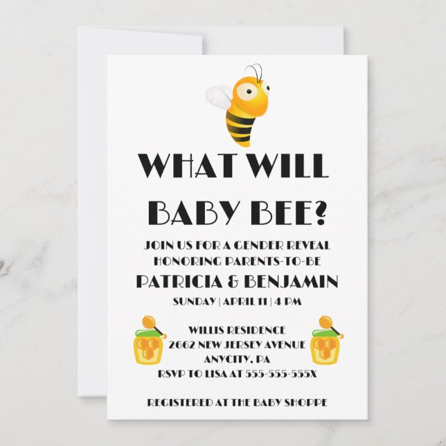 Invitación Qué revelará el género de Baby Bee (Anverso)