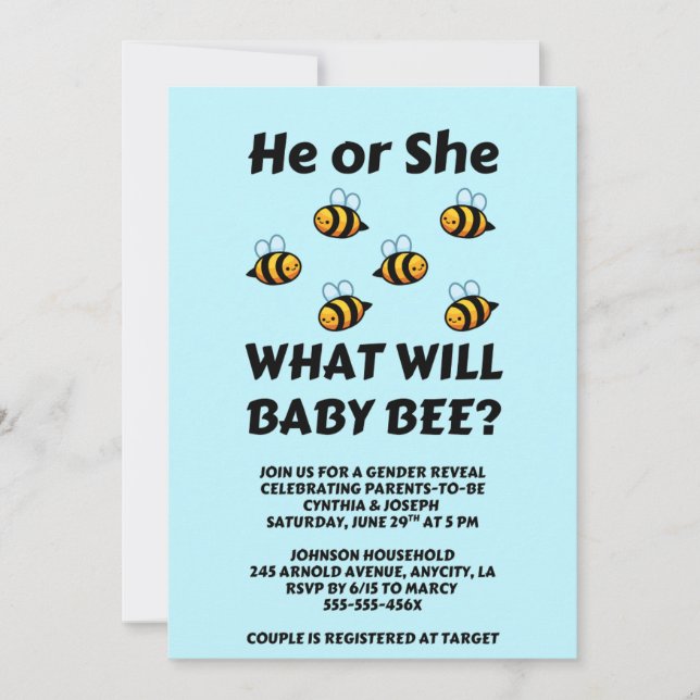 Invitación Qué revelará el género de Baby Bee  (Anverso)