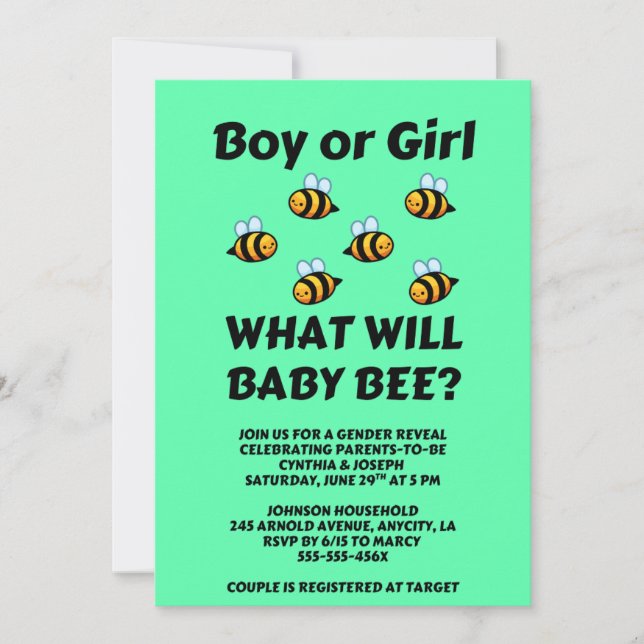Invitación Qué revelará el género de Baby Bee (Anverso)