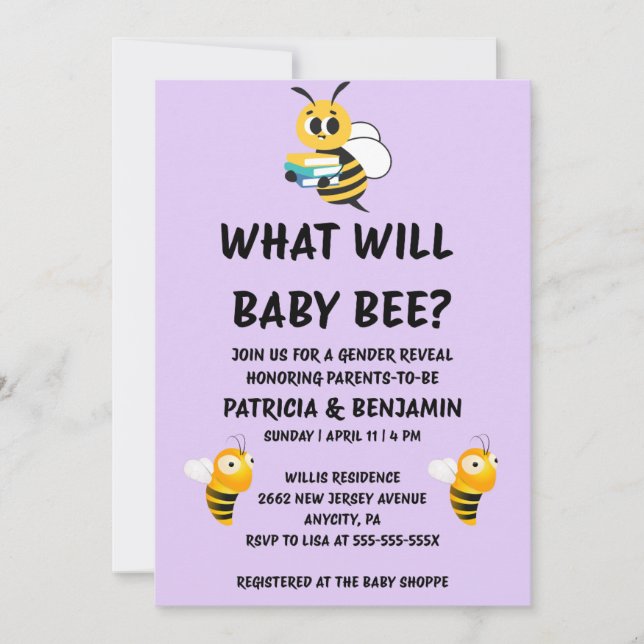 Invitación Qué revelará el género del bebé Bee (Anverso)