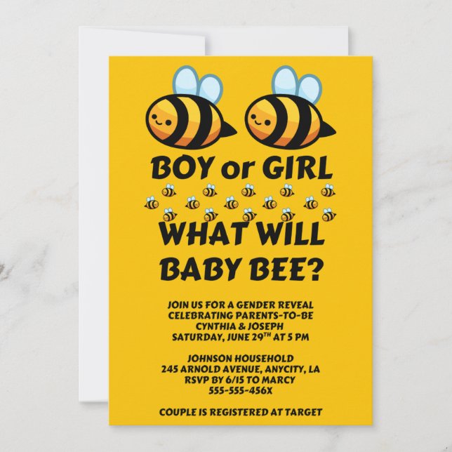 Invitación Qué revelará el sexo de Baby Bee  (Anverso)