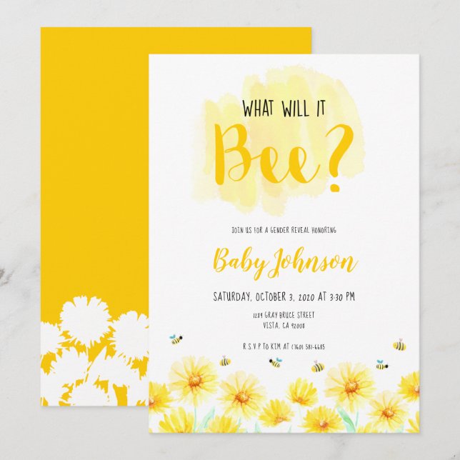 Invitación ¿Qué será? Mostrar el tema de la abeja amarillo (Anverso / Reverso)