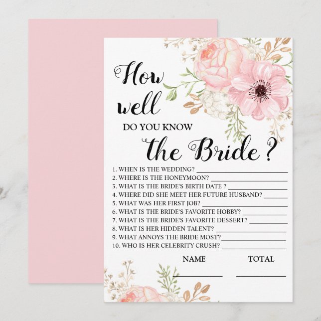 Invitación Qué tan bien conoces el juego de novias florales (Anverso / Reverso)
