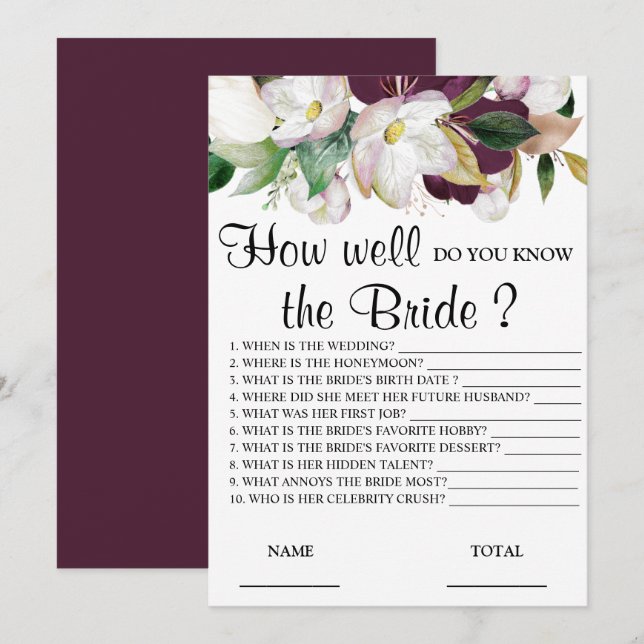 Invitación Qué tan bien conoces el juego floral de novias (Anverso / Reverso)