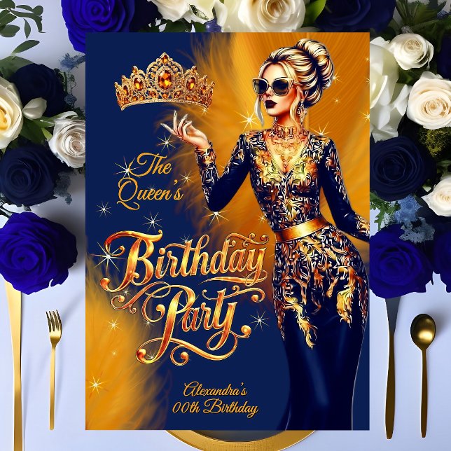 Invitación Queen Birthday Gold Orange Navy Blue Dress Party (Subido por el creador)