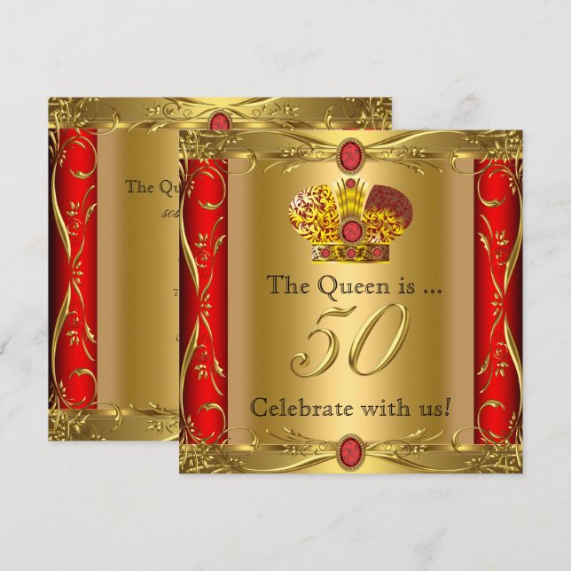 Invitación Queen King Regal Red Gold Fiesta de cumpleaños 50 (Anverso / Reverso)