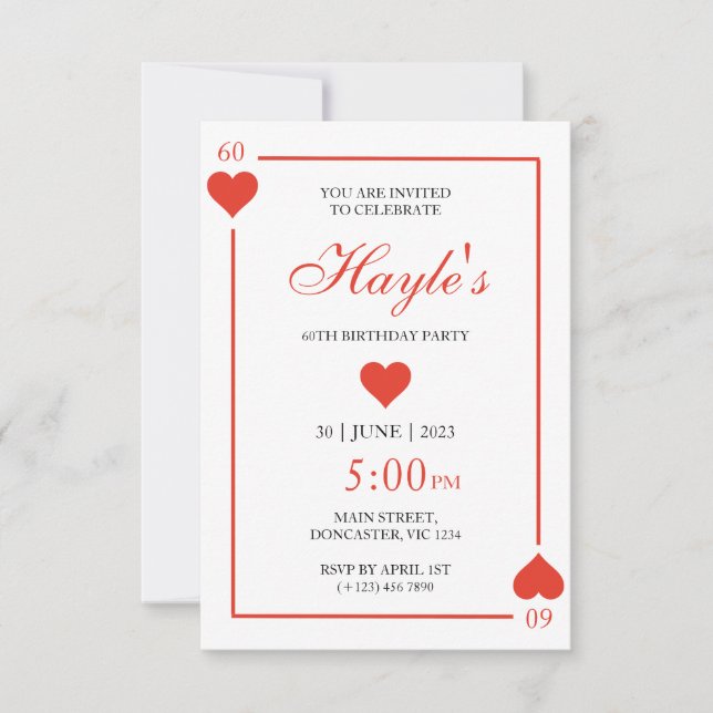 Invitación Queen of Hearts Casino Jugando Cartas 60 cumpleaño (Anverso)
