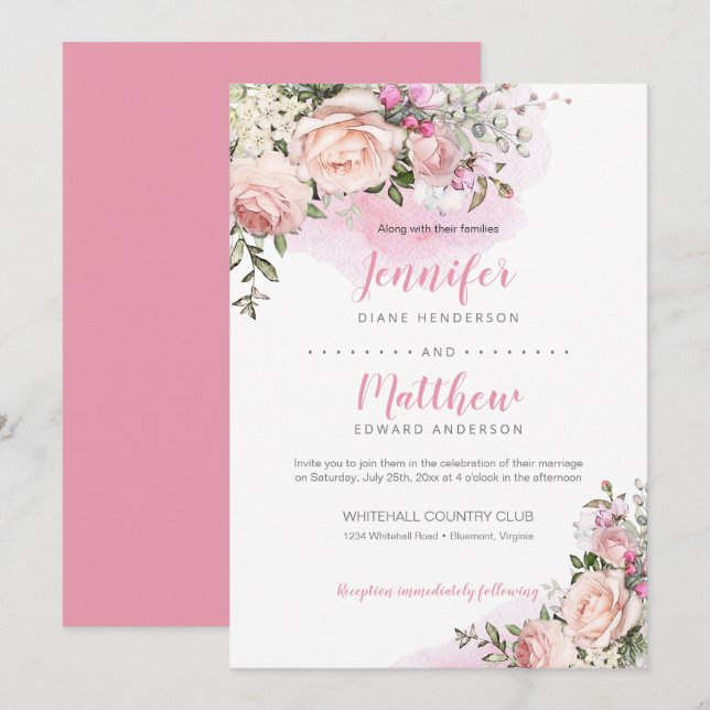 Invitación Querido Rubor | Fondo Rosa | Boda (Anverso / Reverso)