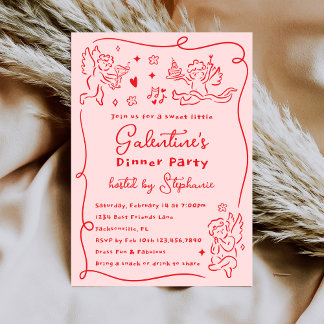 Invitación Querubines Dibujados a Mano Rosa Fiesta de Galenti