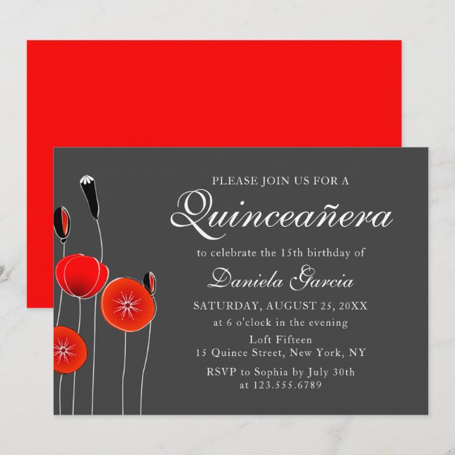 Invitación Quiceanera Botánica Moderna De Adormidera Roja Flo (Anverso / Reverso)
