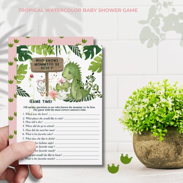 Invitación ¿Quién conoce mejor a la futura mamá? Baby Shower  (Who Knows Mommy-to-be Best? Girl Dino Baby Shower Game)