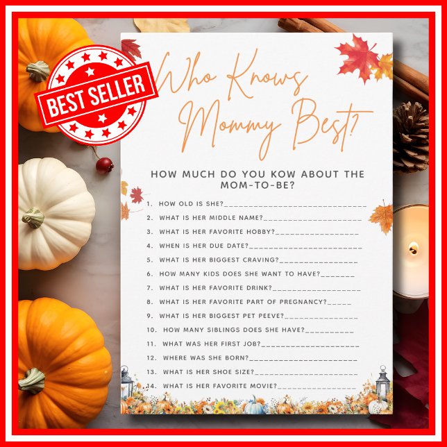 Invitación QUIÉN CONOCE MOMMY MEJOR Preguntas Juego de Baby S (WHO KNOWS MOMMY BEST Baby Shower Game with Answers A Little Pumpkin is on the Way Theme )