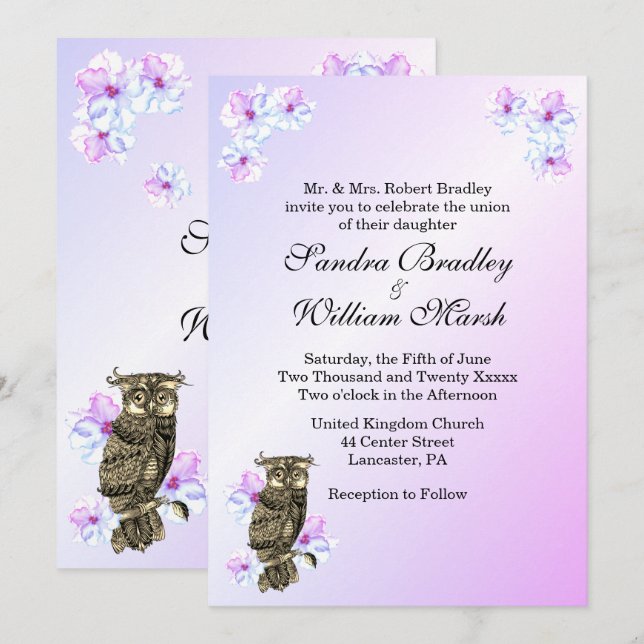 Invitación Quien se casa con un Boda de Lechuza Morada (Anverso / Reverso)