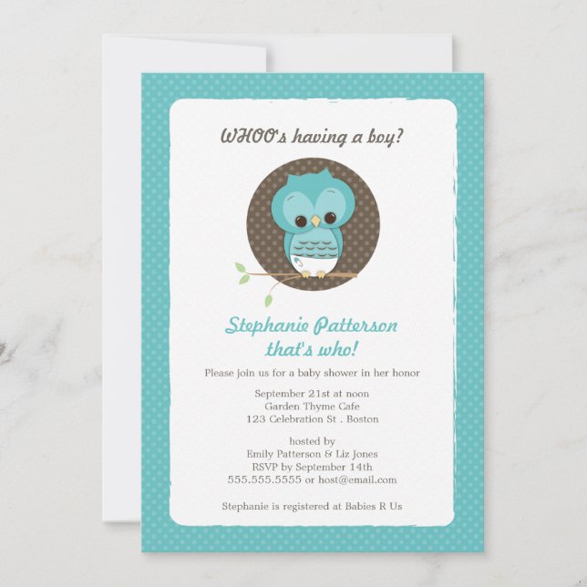 Invitación ¿Quién tiene un niño?Invitación a Owl Baby Shower (Anverso)