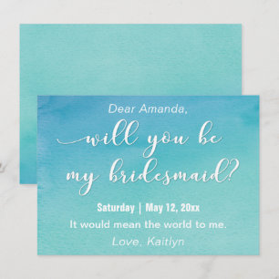 Invitación ¿Quieres ser mi dama de honor? con acuarela azul y