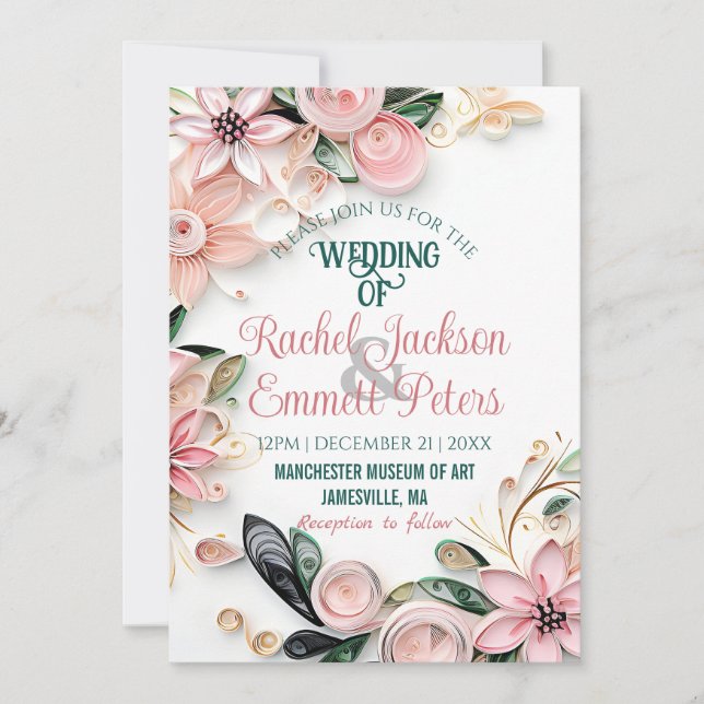 Invitación Quilling de papel de marco Boda de verde rosa past (Anverso)