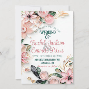 Invitación Quilling de papel de marco Boda de verde rosa past