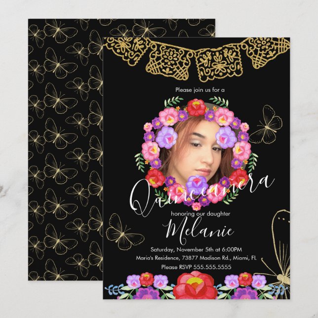 Invitación Quince Brillo Falso Mariposas Florales Mexicanas (Anverso / Reverso)