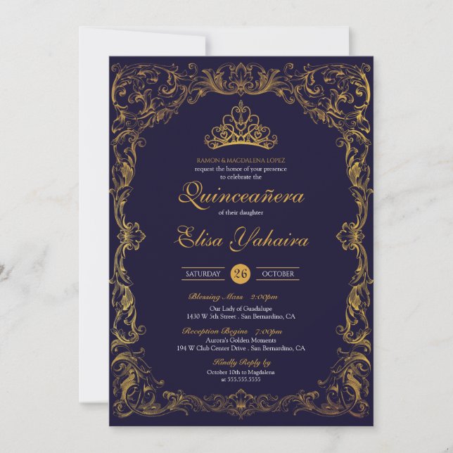 Invitación Quince del libro de cuentos Royal Ornamental Blue  (Anverso)