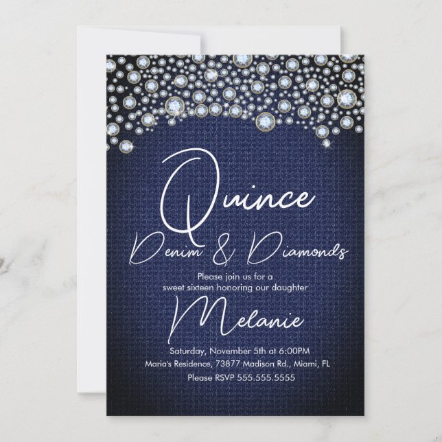 Invitación Quince Denim Diamantes Gema Diamantes Dispersos (Anverso)