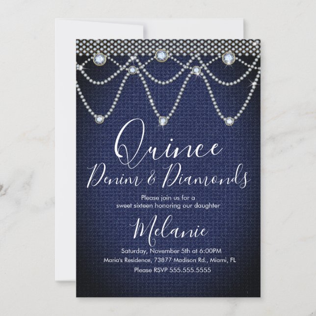 Invitación Quince Denim Diamantes Gema Perlas  (Anverso)