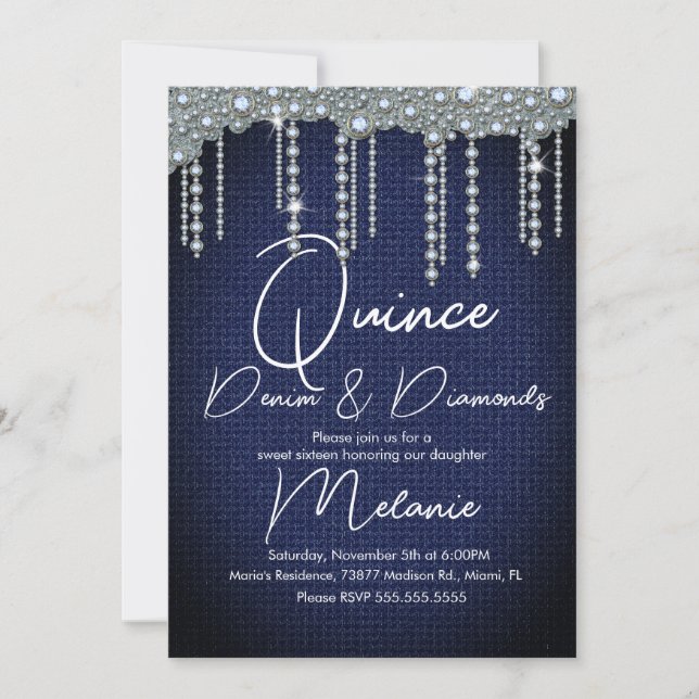 Invitación Quince Denim Diamantes Gema Perlas Chic (Anverso)
