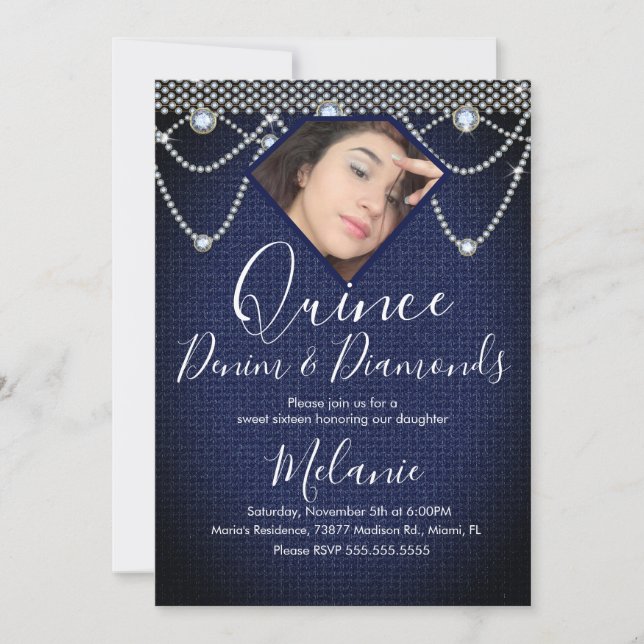 Invitación Quince Denim Diamantes Gema Perlas Foto  (Anverso)