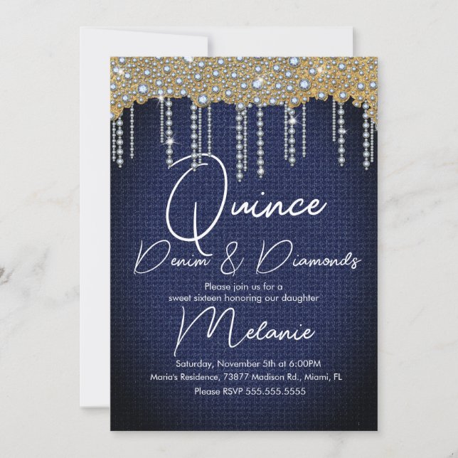 Invitación Quince Denim Diamantes Joya Perlas Oro (Anverso)