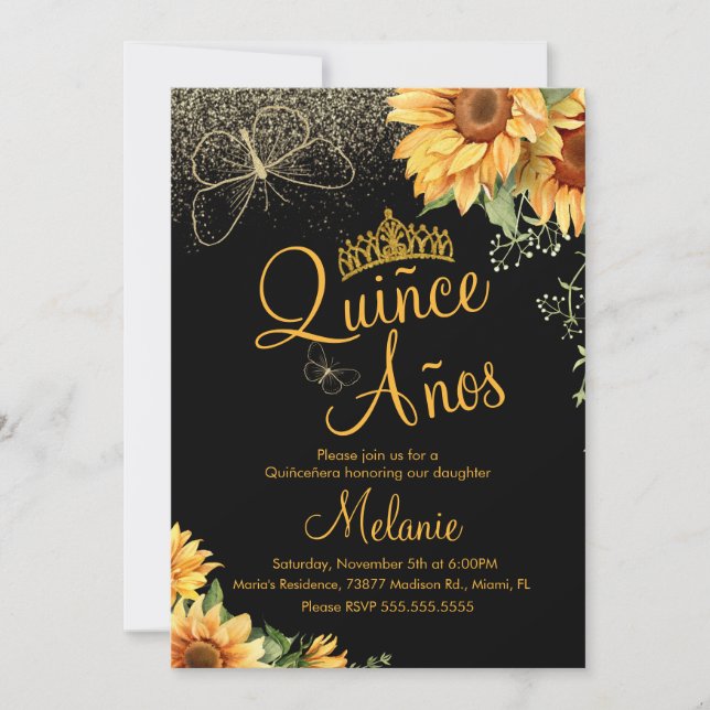 Invitación Quiñce Falso Brillo Girasol Acuarela Cumpleaños  (Anverso)