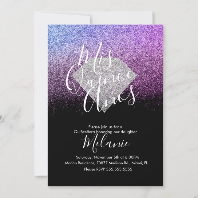 Invitación Quiñce Faux Purpurina Diamond Black Purple Cumplea (Anverso)